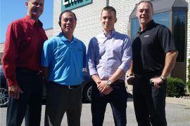 From left to right: Kevin Marion, regional sales manager, Central US, Canada, Tech Spray; Doug Ngai, product manager, process chemicals, ITW contamination control; Christian Legiehn: and Greg Telfer, both of EMX Enterprises Ltd.