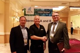 Randy Johnson of N2Power (centre) stands between Irwin Industrial's Trevor Sinclair (left) and Brad Jolly (right) at the recent EDS Show held in Las Vegas this May.