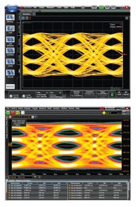 Figure 4: For PAM-4 transmitter testing, an optional application running on scopes enable eye diagrams and analysis. A PAM-4 eye diagram from Keysight’s DCA is shown on the left while a 63 GHz Infiniium real-time scopes example is shown on the right. The oscilloscope’s PAM-4 application automatically recovers the embedded clock, performs automated or user-defined vertical slicing, and performs automated eye height and width measurements.