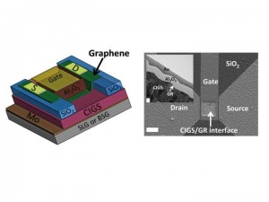 This is a schematic of a graphene field-effect-transistor used in this study. The device consists of a solar cell containing graphene stacked on top of a high-performance copper indium gallium diselenide (CIGS) semiconductor, which in turn is stacked on an industrial substrate (either soda-lime glass, SLG, or sodium-free borosilicate glass, BSG). The research revealed that the SLG substrate serves as a source of sodium doping, and improved device performance in a way not seen in the sodium-free substrate. Right: A scanning electron micrograph of the device as seen from above, with the white scale bar measuring 10 microns, and a transmission electron micrograph inset of the CIGS/graphene interface where the white scale bar measures 100 nanometers. CREDIT Brookhaven National Laboratory