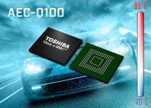 Toshiba&apos;s Automotive e-MMC features a wide operating temperature range of -40 degrees C to 85 degrees C, the smallest class chip size available for Automotive, an 11.5x13mm JEDEC standard package, and high reliability. (PRNewsFoto/Toshiba America Electronic Comp)