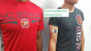TEG-embedded T-shirt (left) and TEG armband (right).