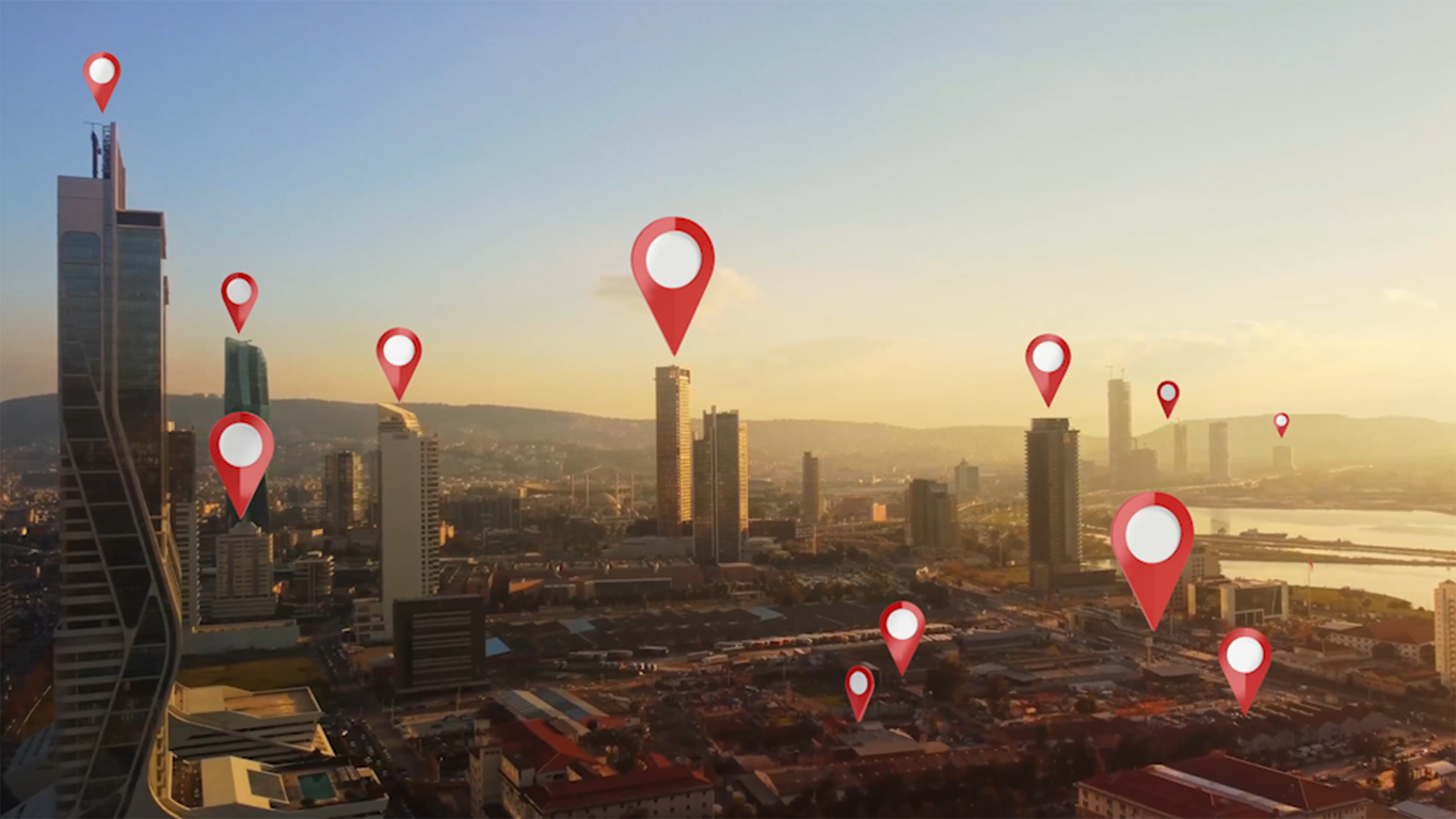 Aerial smart city. Localization icons in a connected futuristic city. Technology concept, data communication, artificial intelligence, internet of things. izmir skyline.